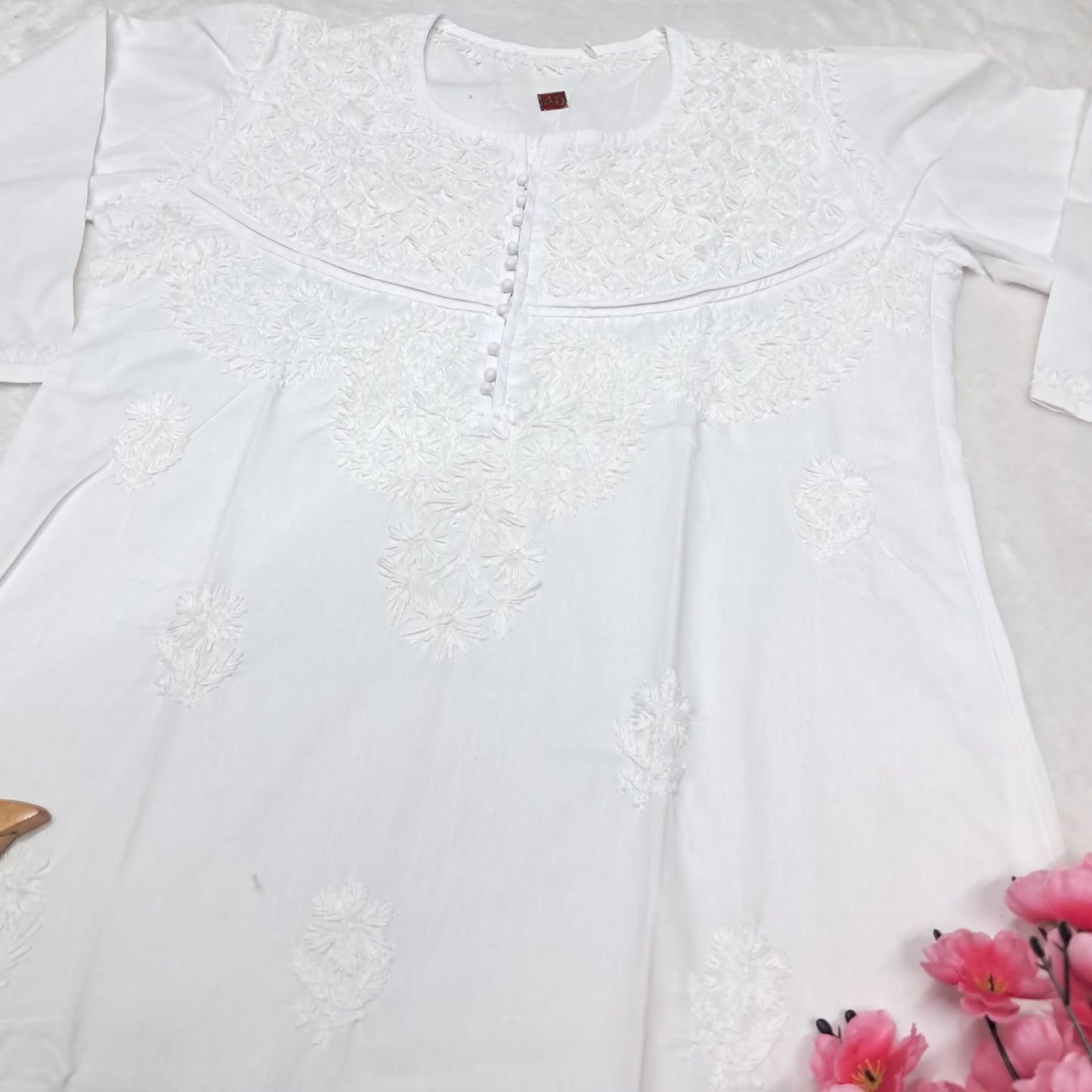 Adiva Pure Cotton Chikankari Handwork Kurti -White Colour