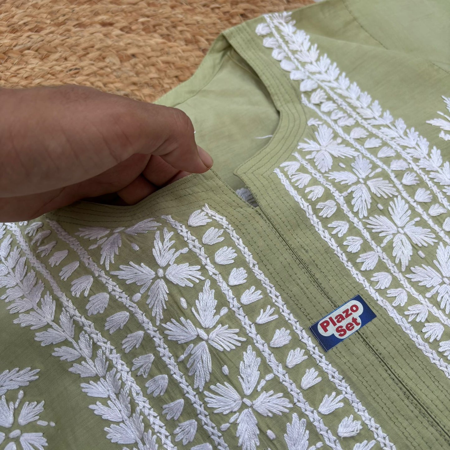 Afana Silk Chikankari Kurti Plazo set Pista Colour