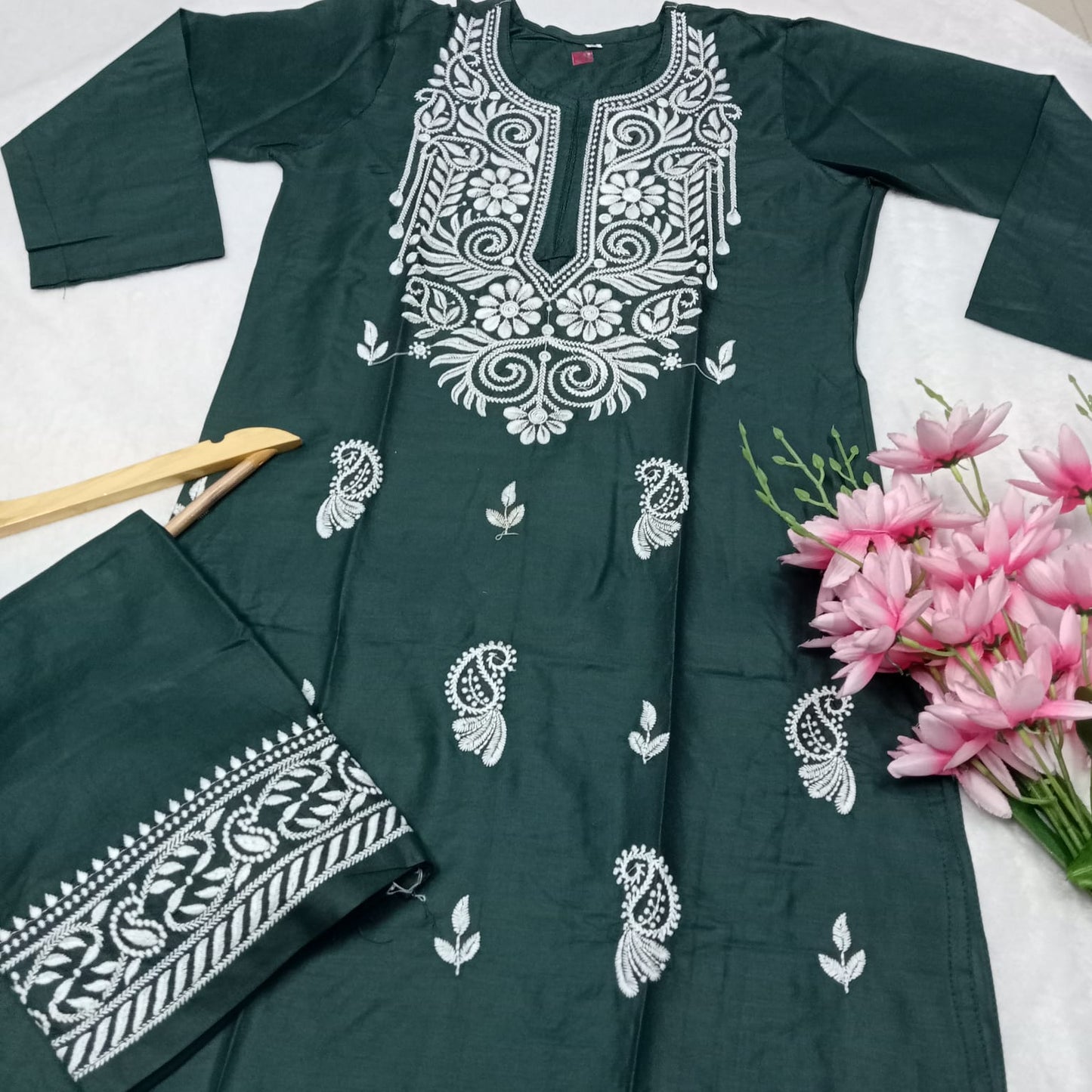 Rayon Chikankari Machine Work  Kurti Plazo Set- Dark Green Colour