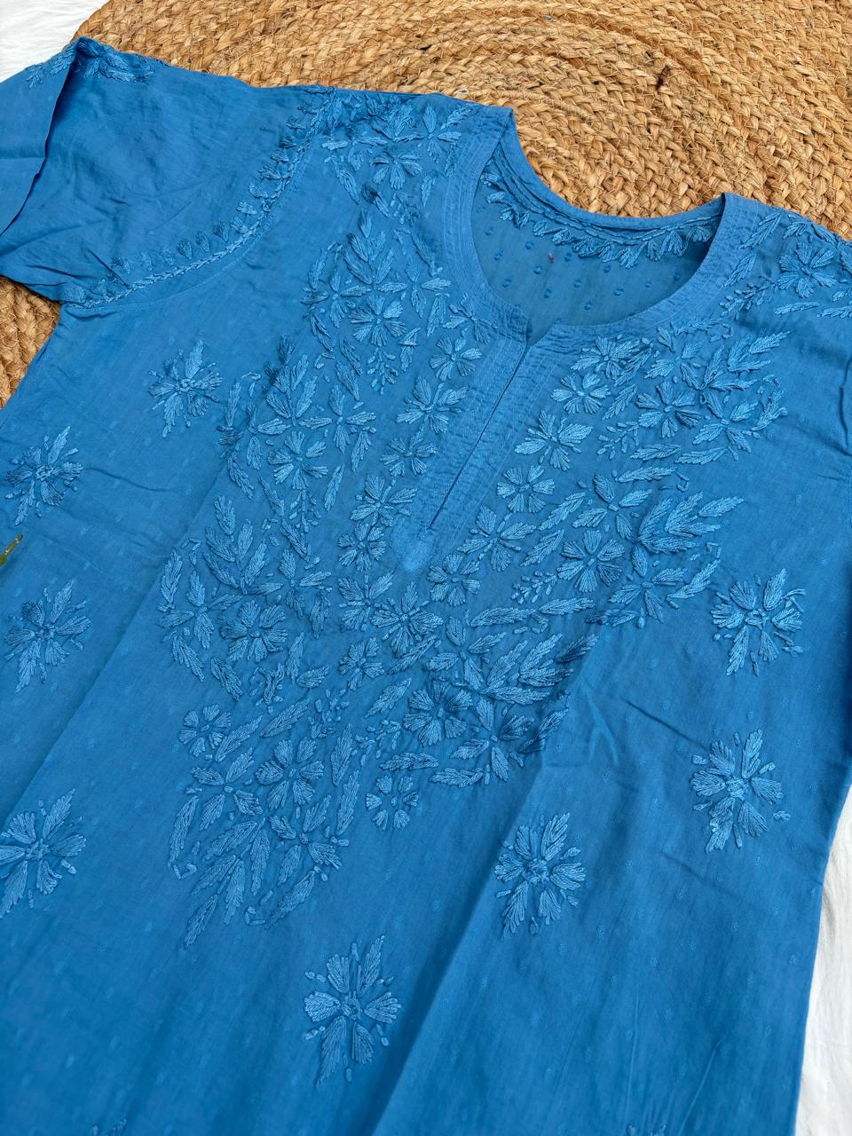 Ziva Soft Dobby Cotton Lucknowi Handwork Chikankari Short Kurti - Blue Colour