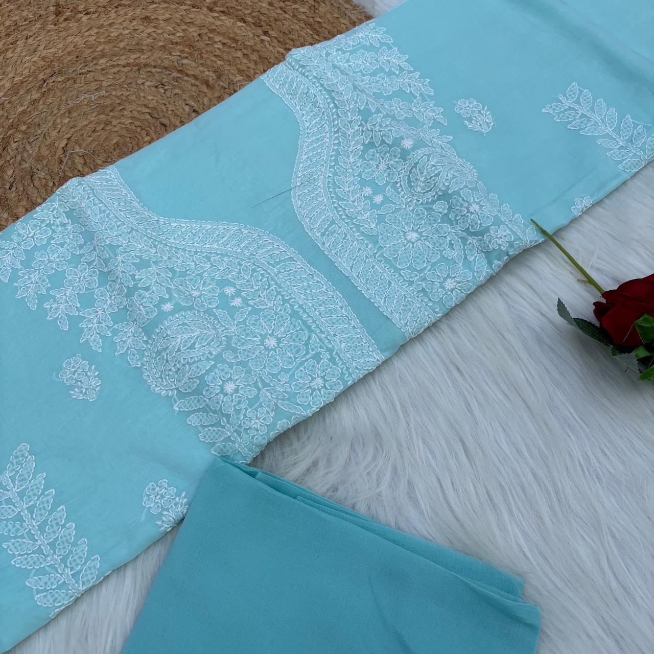 Madhuri Voile Cotton Chikankari Unstitched 3 pc set - Blue Colour