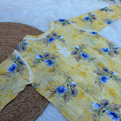 Rasha Pure Mulmul Chikankari Kurti - Yellow Colour