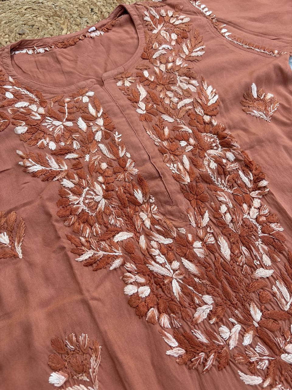 Roohi Rayon Tone To Tone Lucknowi Handwork Chikankari Kurti - Brown Color