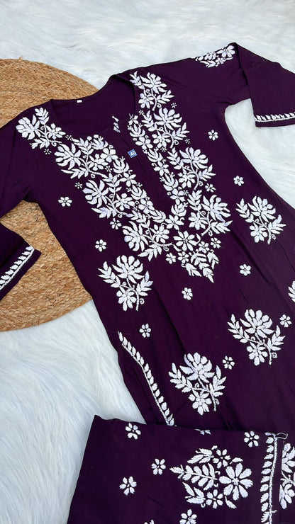 Jannat Soft Rayon Chikankari Kurti Plazo Set -Wine colour - Chikankaar