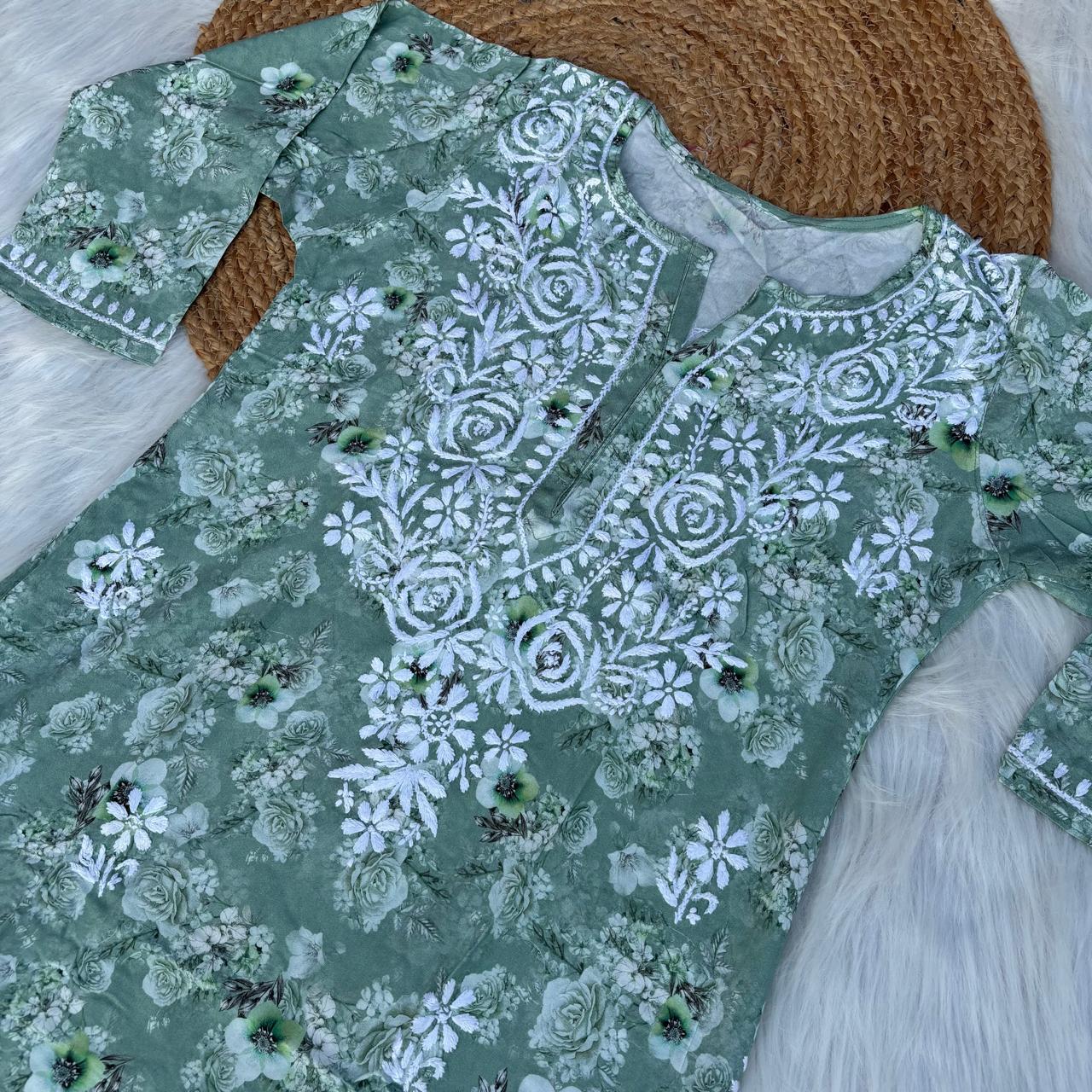 Hina Rayon Rose work Lucknowi Chikankari kurti - Green Colour