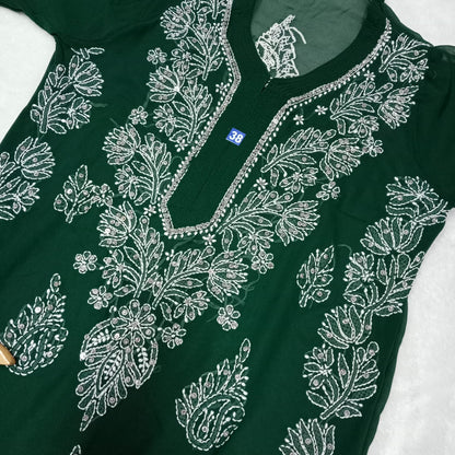 Stone Work Georgette Chikankari Kurti -Dark Green Colour