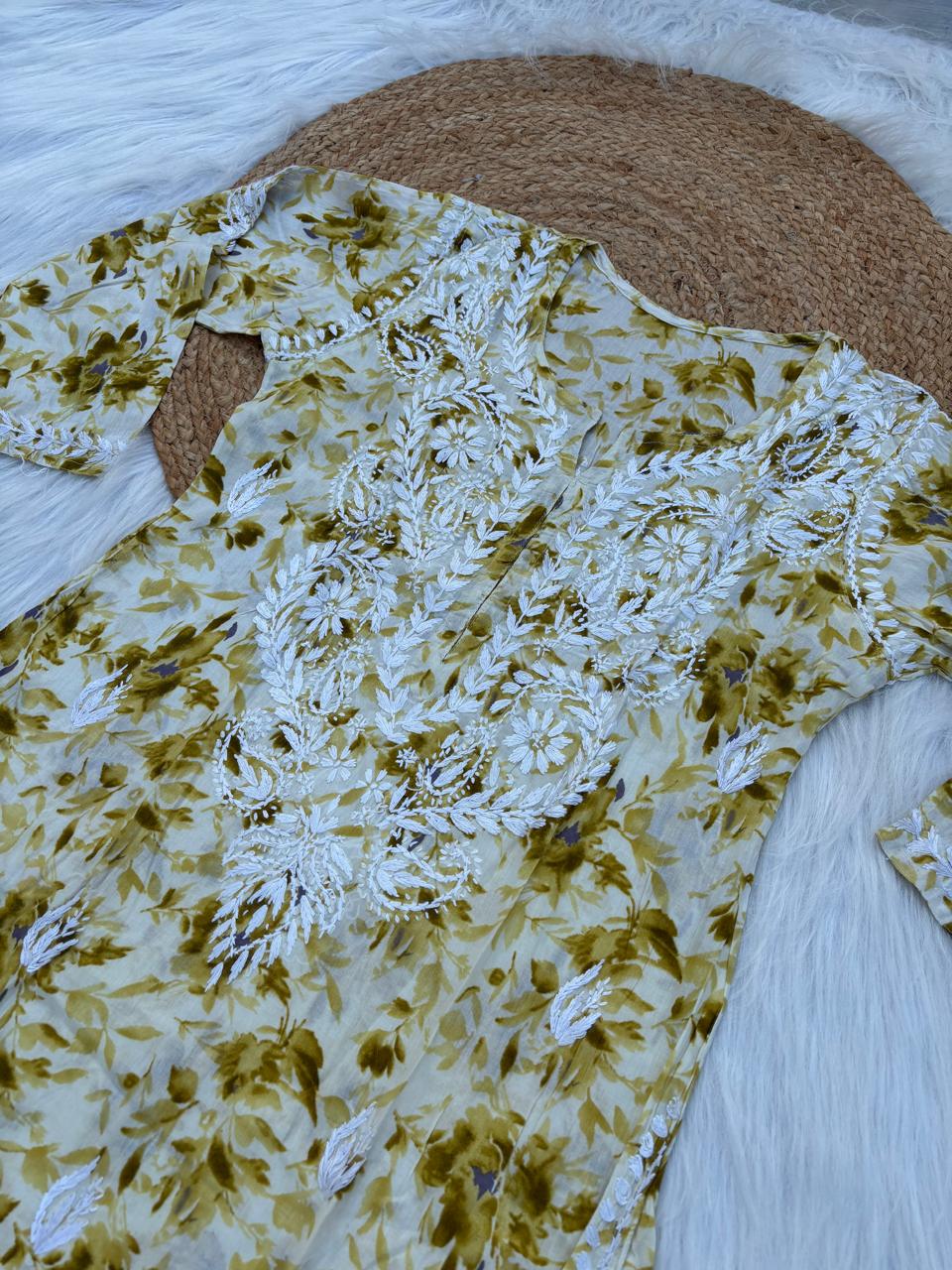 Hadaya Mulmul Cotton Chikankari Kurti Set - Green Colour