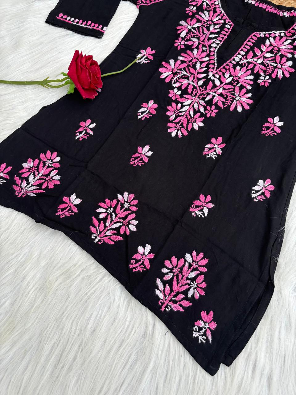 Mahek Soft Rayon Handwork Chikankari Short Kurti- Baby Pink Colour