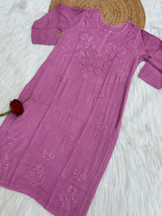Kiara Dyeable Soft Rayon Handwork Chikankari Kurti - Mauve Colour