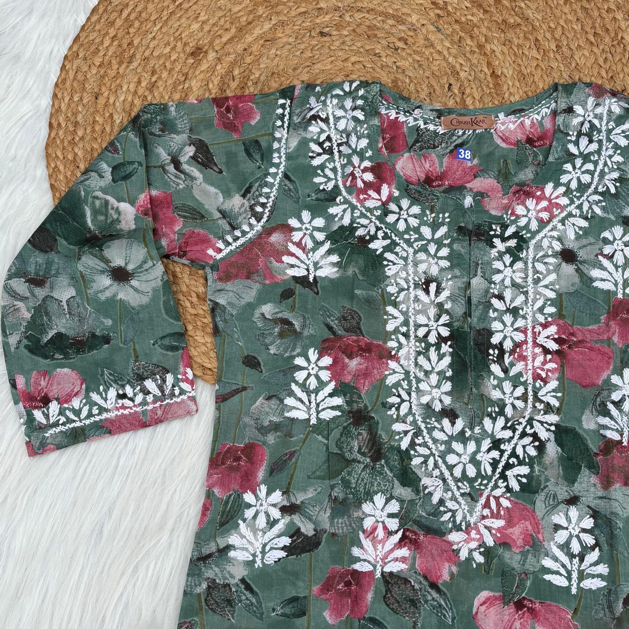 Jameela Mulmul Cotton Chikankari Kurti Set - Dark Green Colour