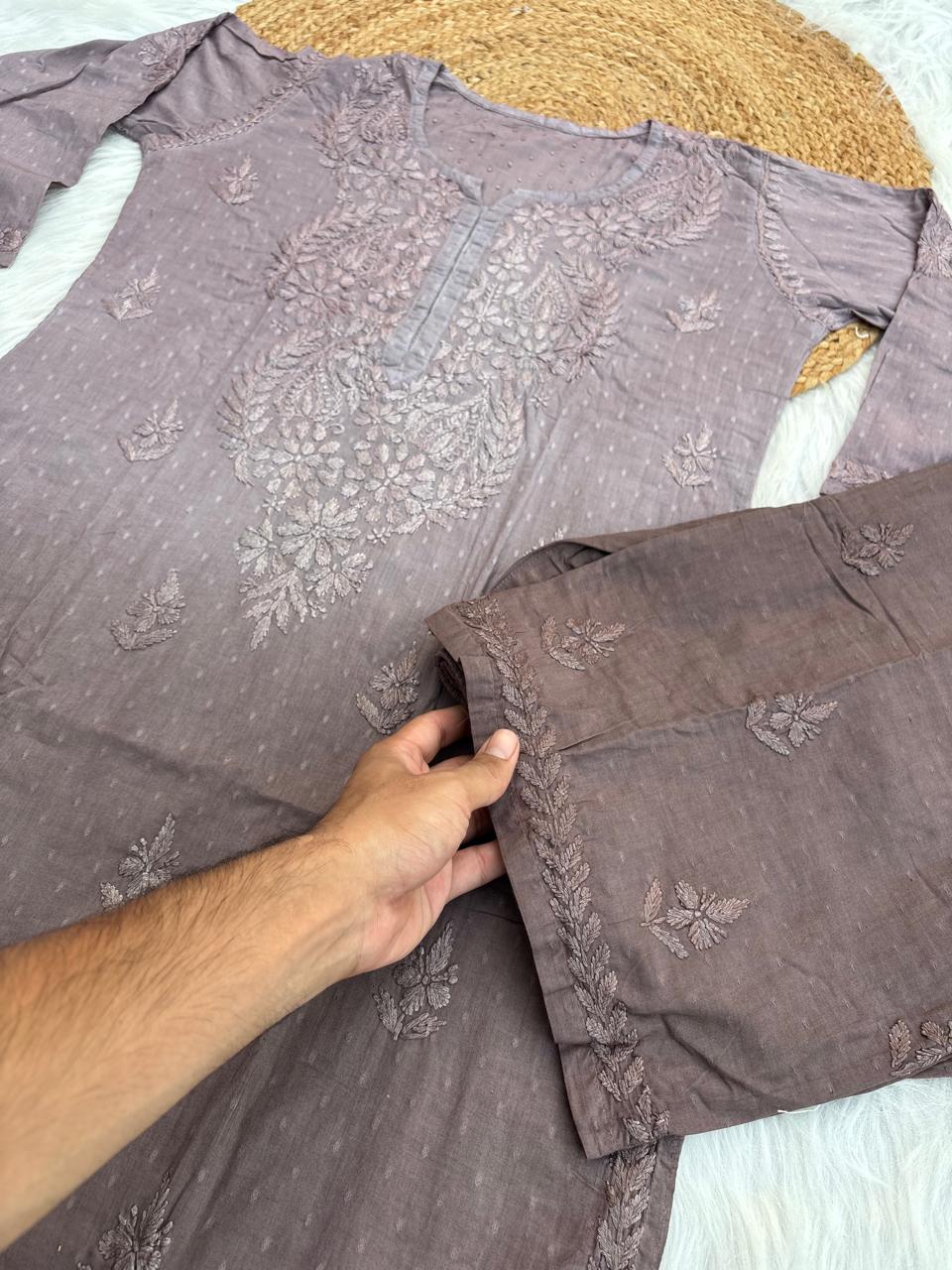 Nuha Dobby cotton Ombre shaded Lucknowi Chikankari Kurti Plazo Set - Light Brown Colour