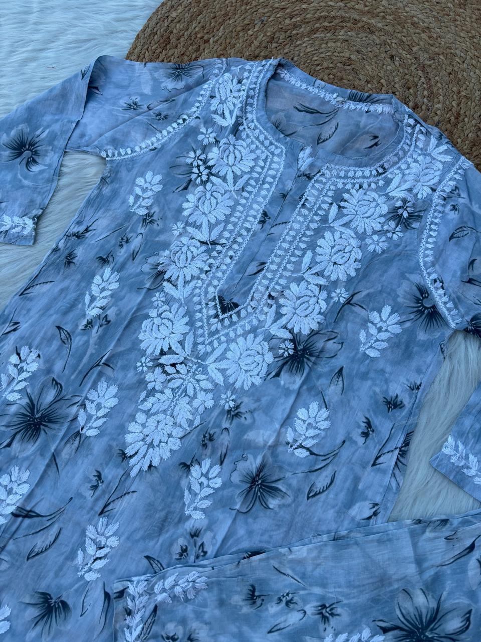 Shazia Mulmul Cotton Chikankari Kurti Set - Grey Colour
