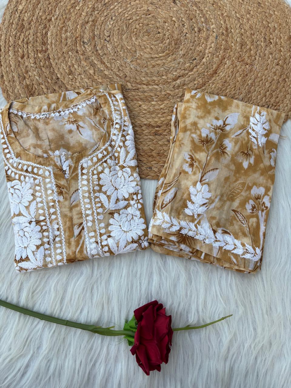Shazia Mulmul Cotton Chikankari Kurti Set - Mustard Colour
