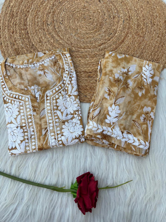 Shazia Mulmul Cotton Chikankari Kurti Set - Mustard Colour