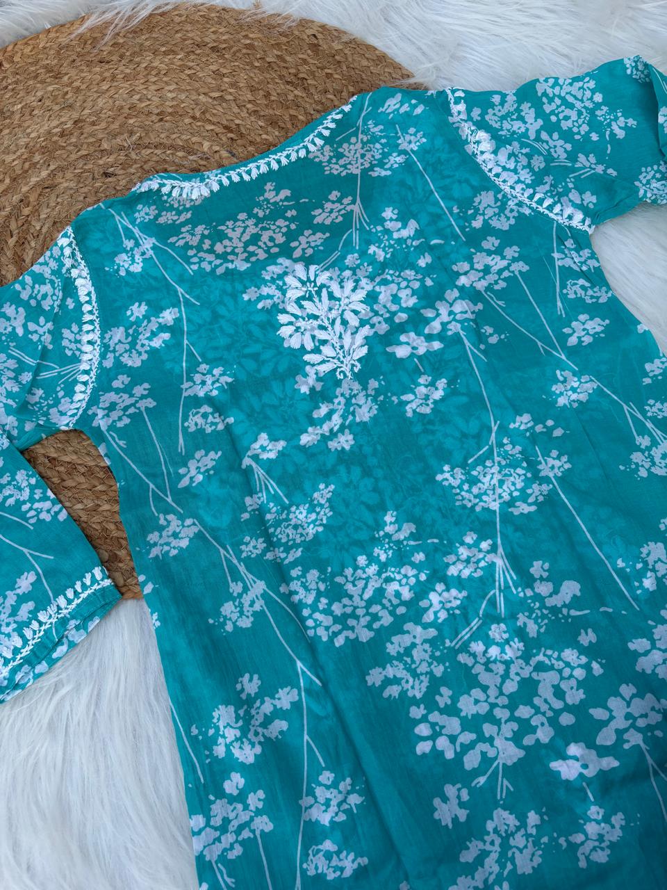 Sidra Pure Mulmul Chikankari Handwork Kurti - Sea Green Colour