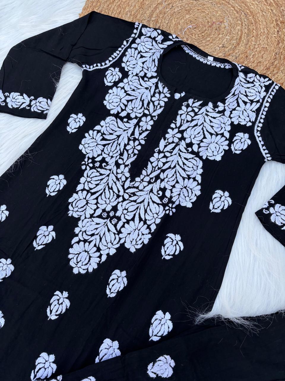 Rida Rayon Handwork Chikankari Kurti Set -Black White Colour