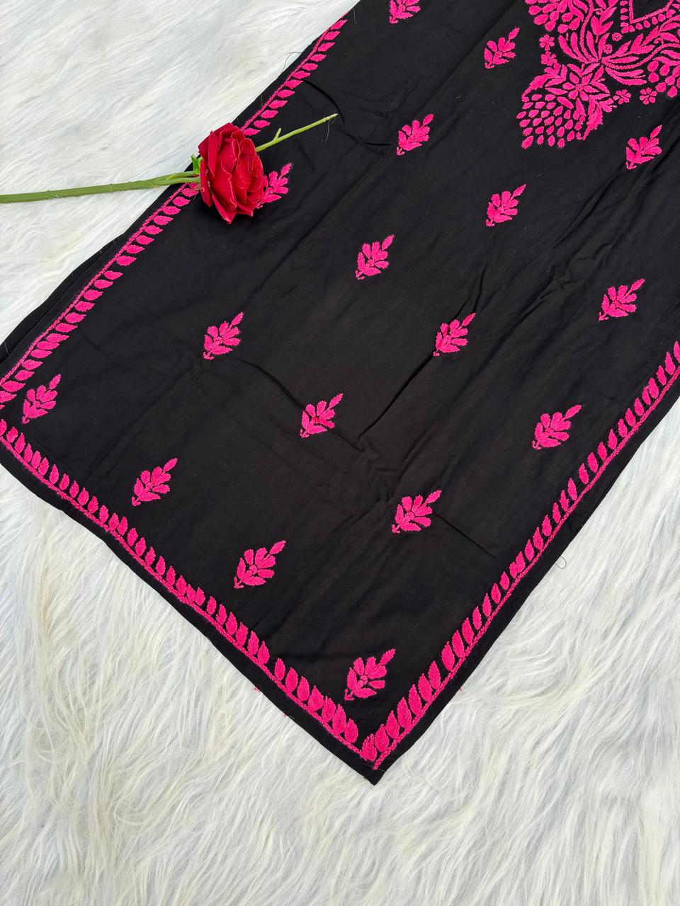 Shifa Soft Rayon Lucknowi Chikankari Kurti - Black Dark Pink Color