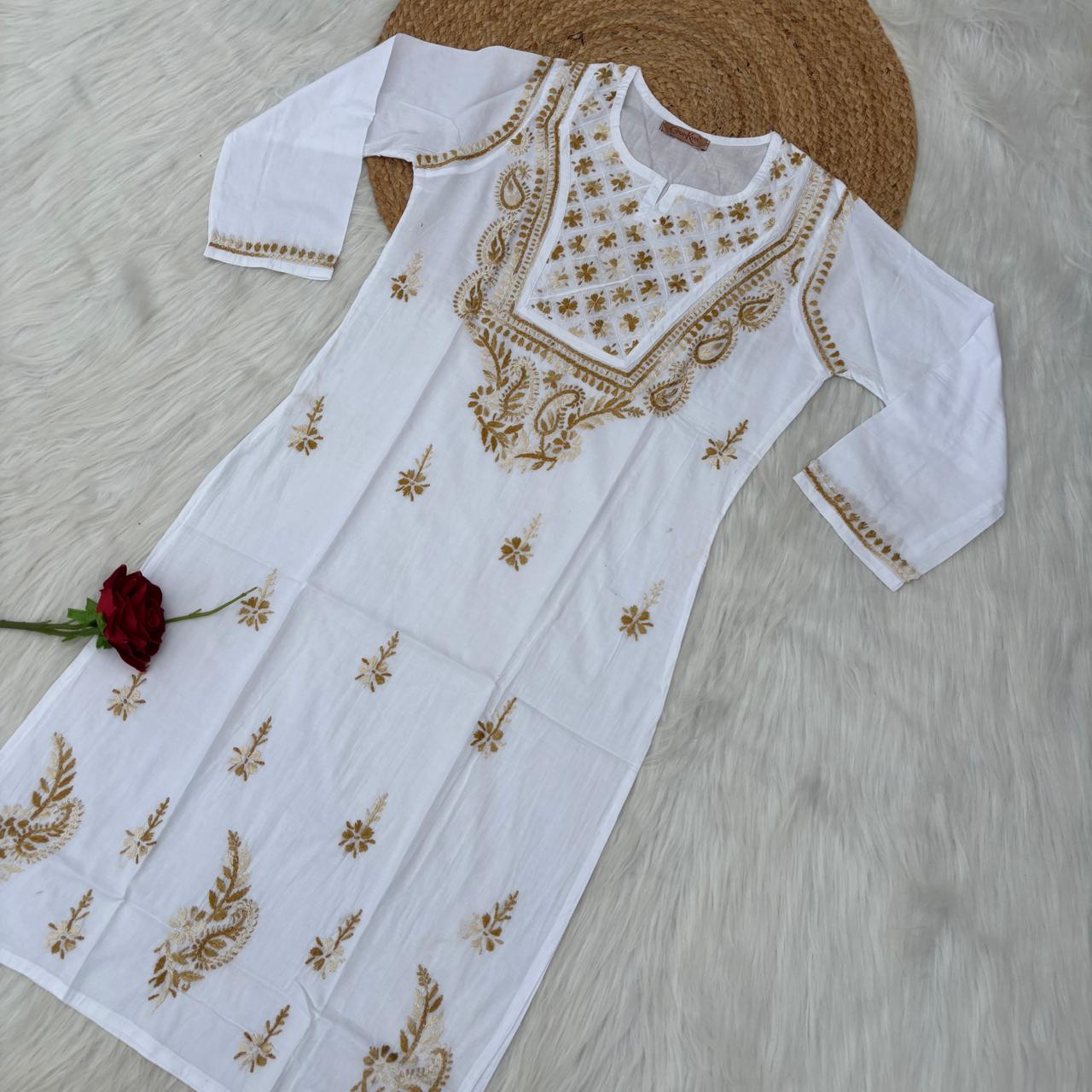 Zoya Cotton Lucknowi Chikankari Kurti - Mustard Color