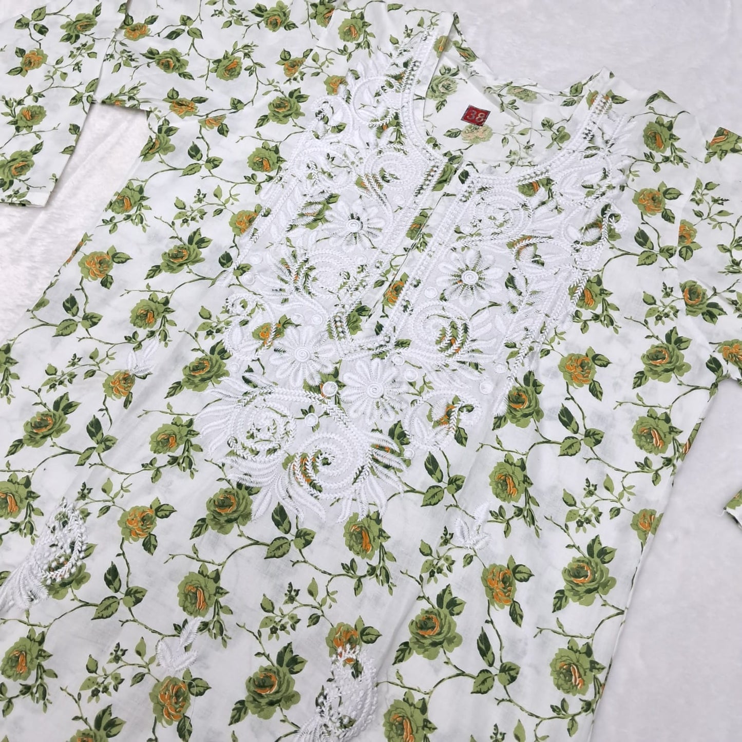 Printed Cotton Chikankari Machine Work Kurti Plazo Set - Green Colour ( Free Earrings!)