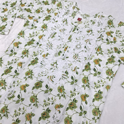 Printed Cotton Chikankari Machine Work Kurti Plazo Set - Green Colour ( Free Earrings!)