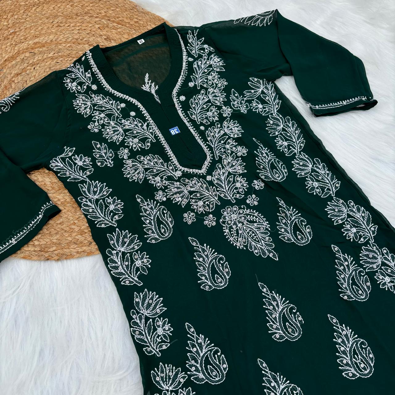 Stone Work Georgette Chikankari Kurti -Dark Green Colour