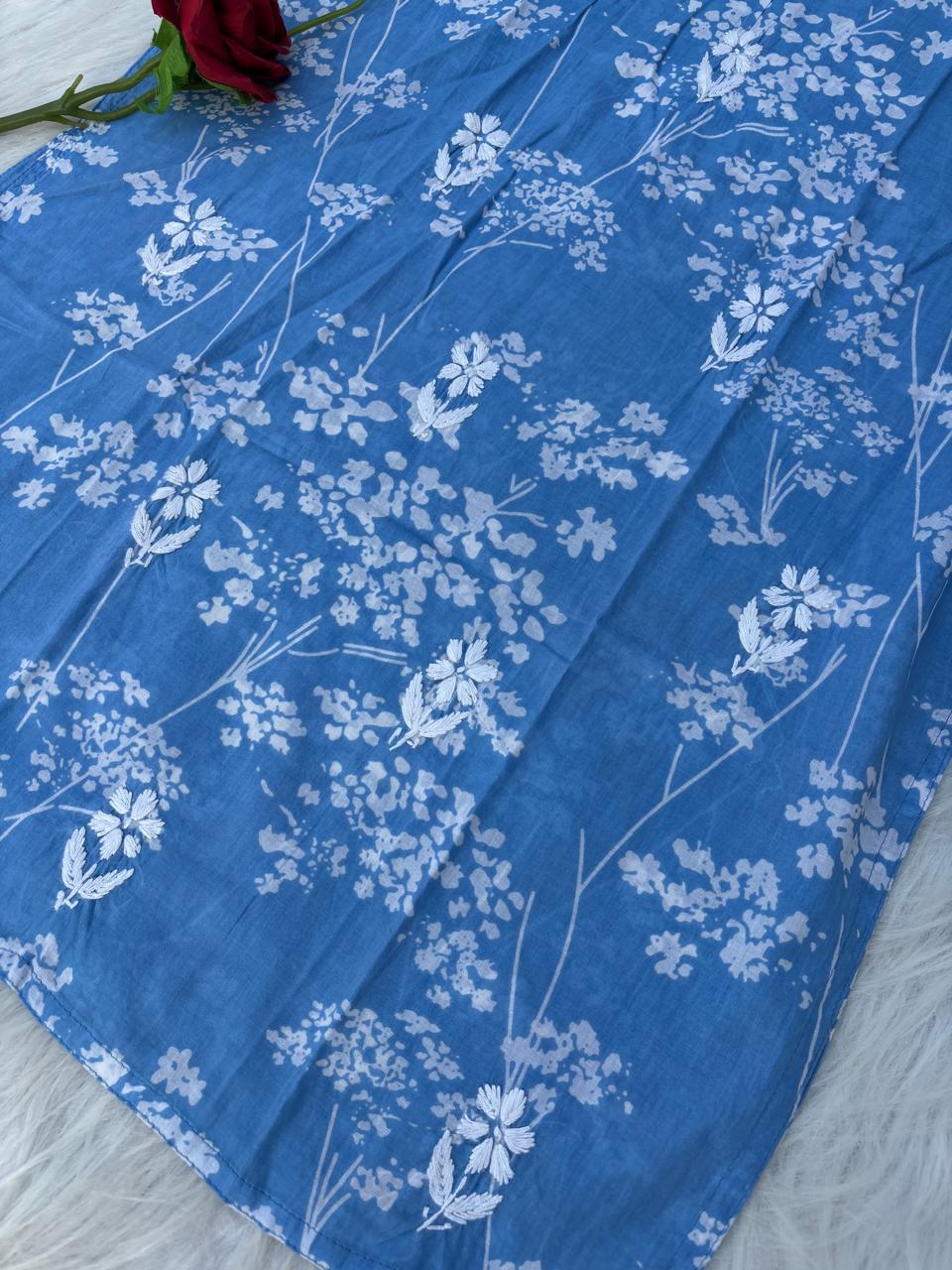 Sidra Pure Mulmul Chikankari Handwork Kurti - Blue Colour