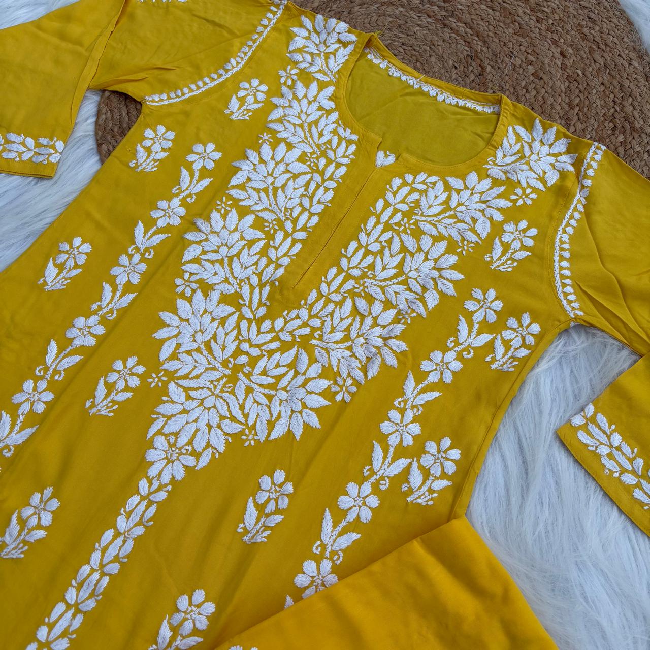 Samara Rayon Handwork Chikankari Kurti Plazo Set - Yellow Colour