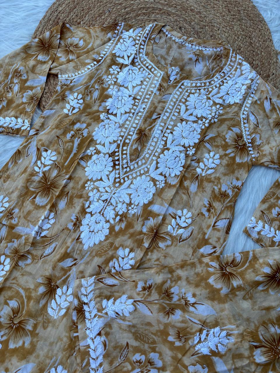 Shazia Mulmul Cotton Chikankari Kurti Set - Mustard Colour
