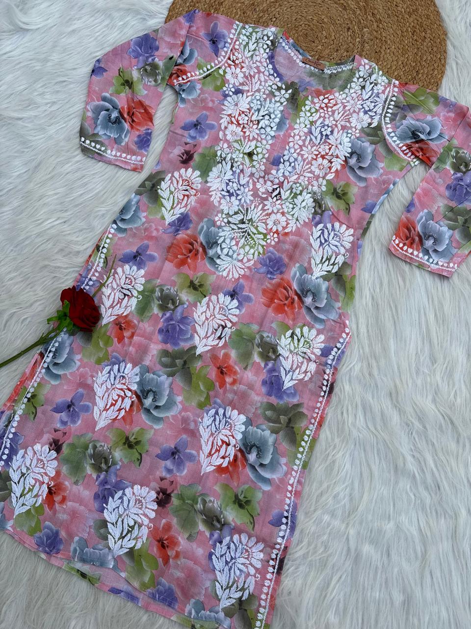 Najma Pure Mulmul Chikankari Handwork Kurti - Peach Colour