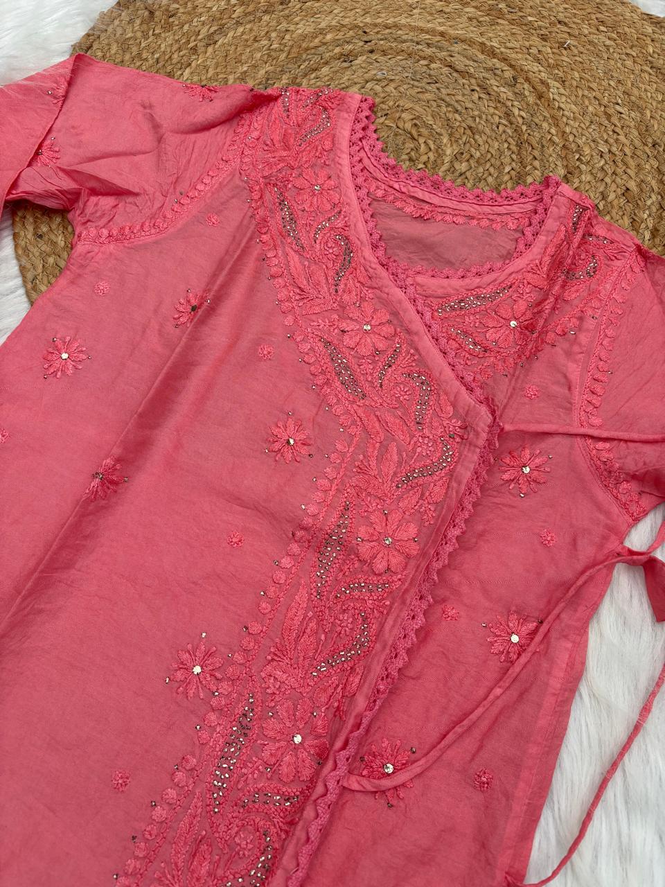 Naaz Chanderi Angrakha style Chikankari Kurti with Mukaish work -Gazri Colour