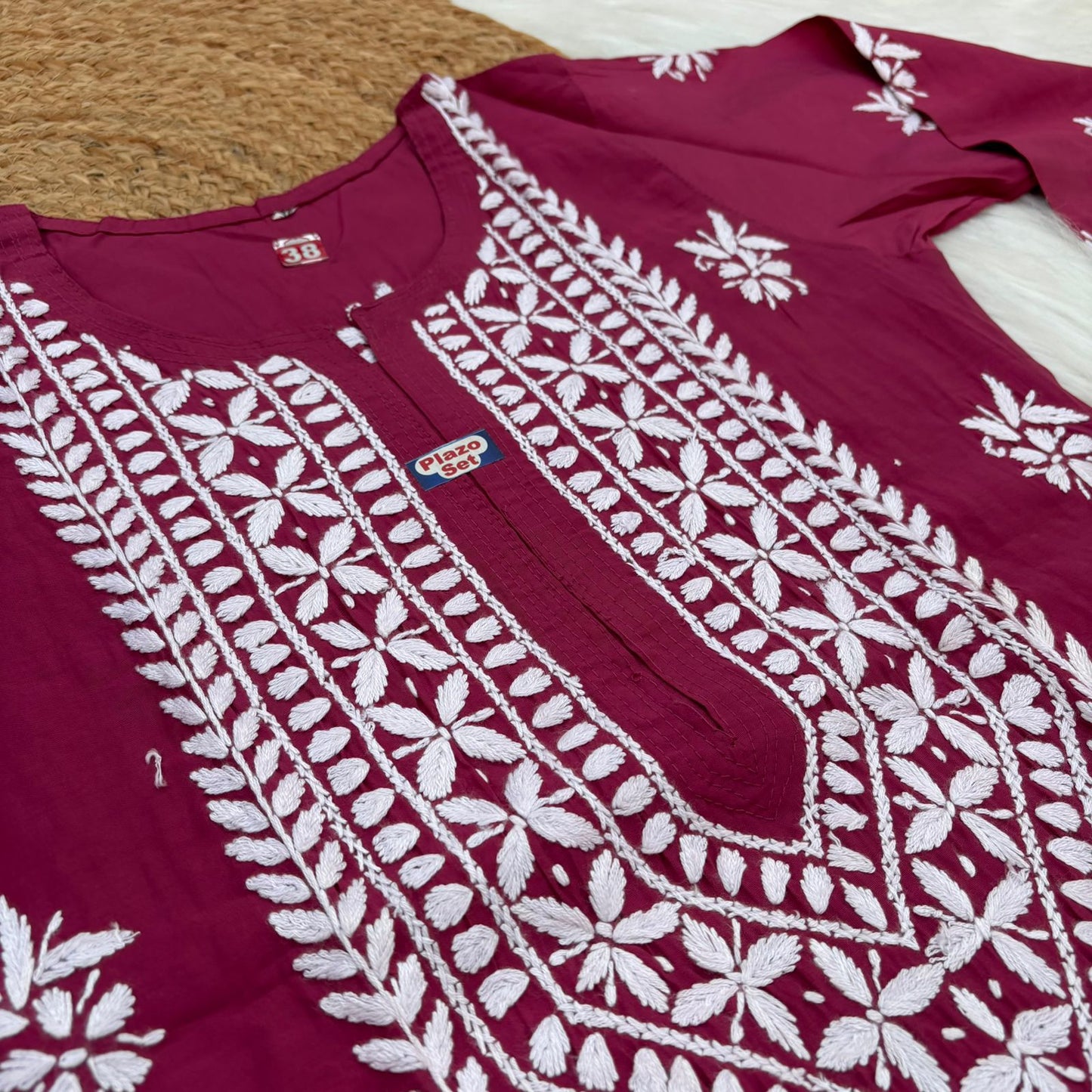 Afana Silk Chikankari Kurti Plazo set Rani Colour