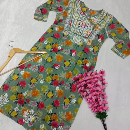 Masooma Mulmul Floral Printed Chikankari Handwork Kurti - Dark green Colour