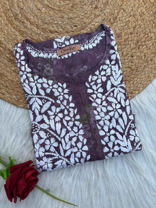 Zaina Pure Mulmul Chikankari Handwork Kurti - Purple Colour