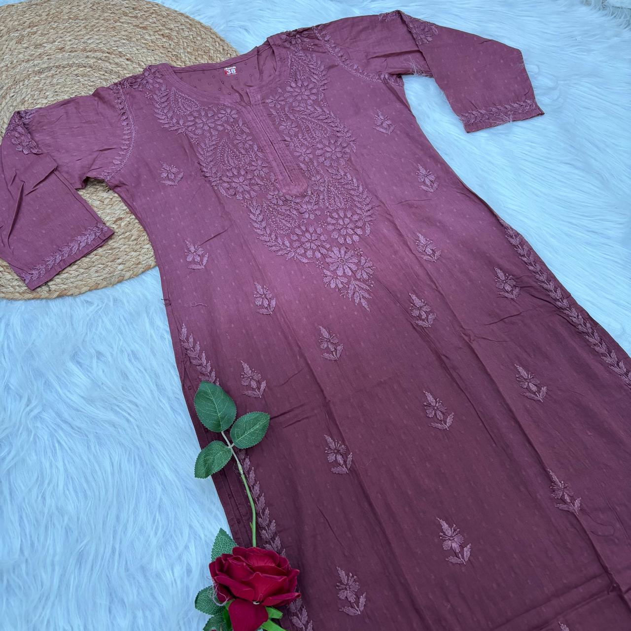 Tamanna Ombre Shaded Dobby Cotton Chikankari Kurti - Brown Colour