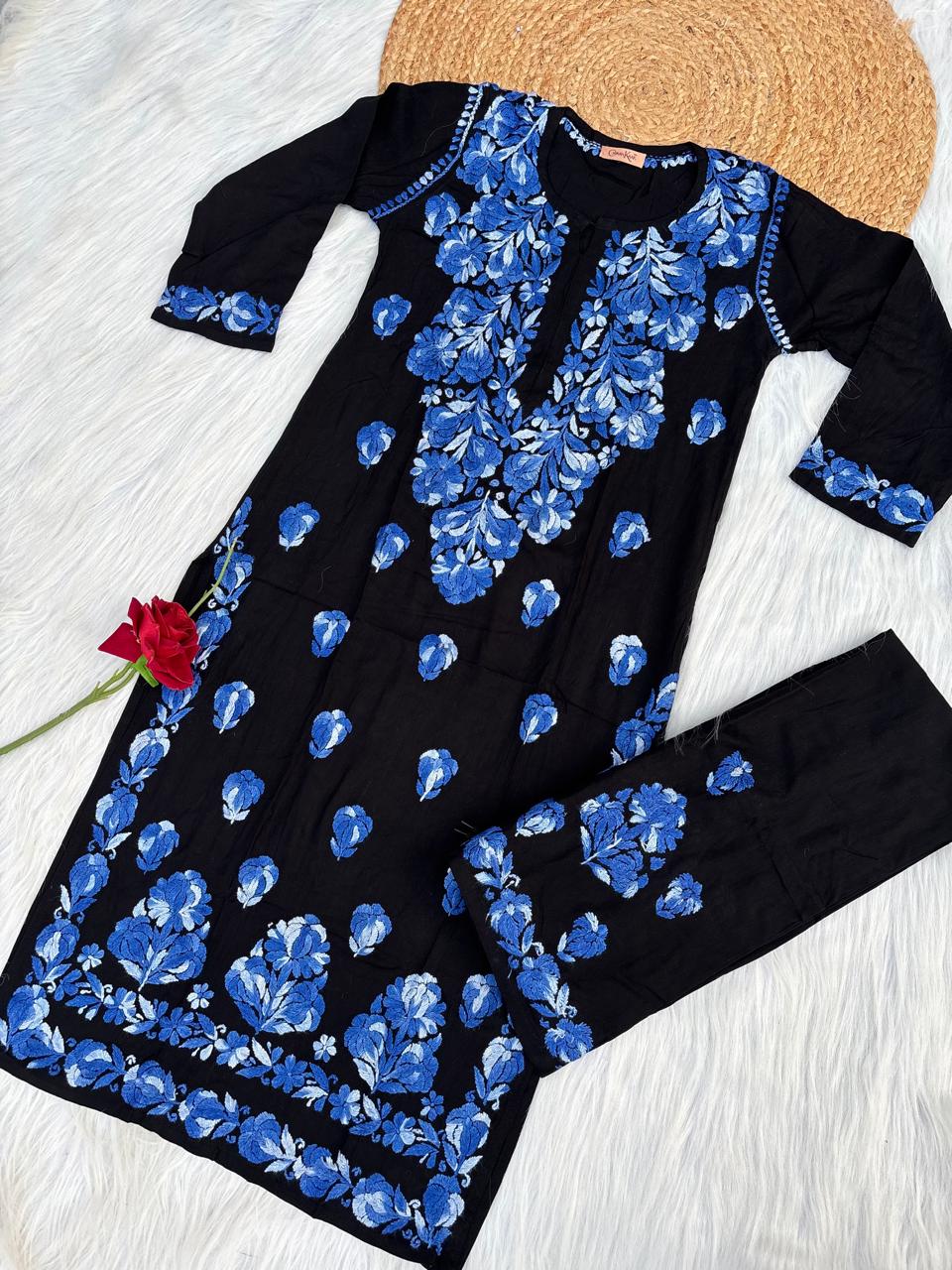 Rida Rayon Handwork Chikankari Kurti Set - Blue Colour
