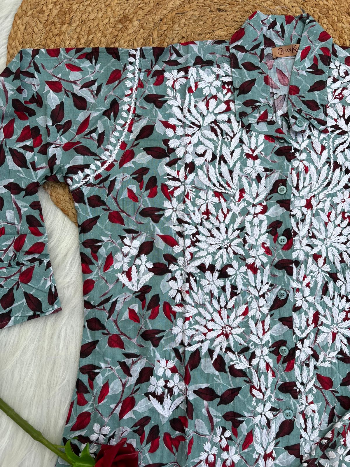 Mulmul Cotton Lucknowi Chikankari Coord Set - Muted Blue Colour