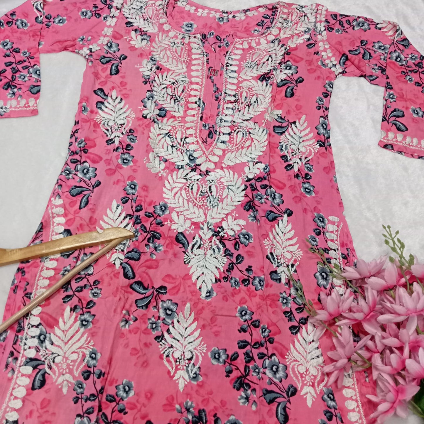 Soft Modal Floral Printed Chikankari Handwork Kurti - Pink  Colour