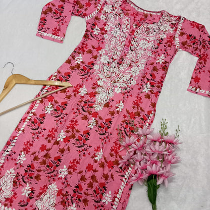 Soft Modal Floral Printed Chikankari Handwork Kurti - Pink  Colour