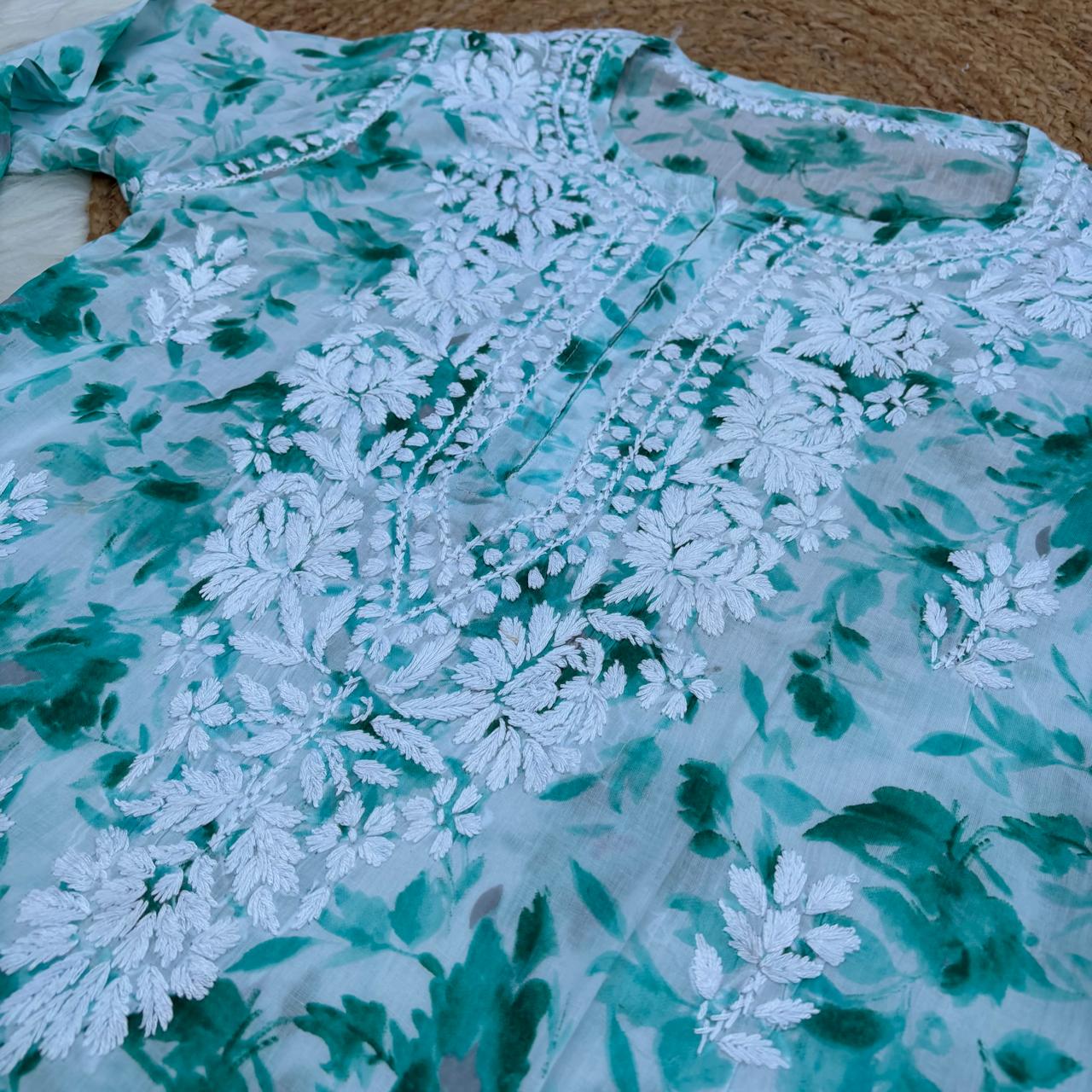 Aaliyah Mulmul Cotton Chikankari Kurti Set -Sea Green Colour