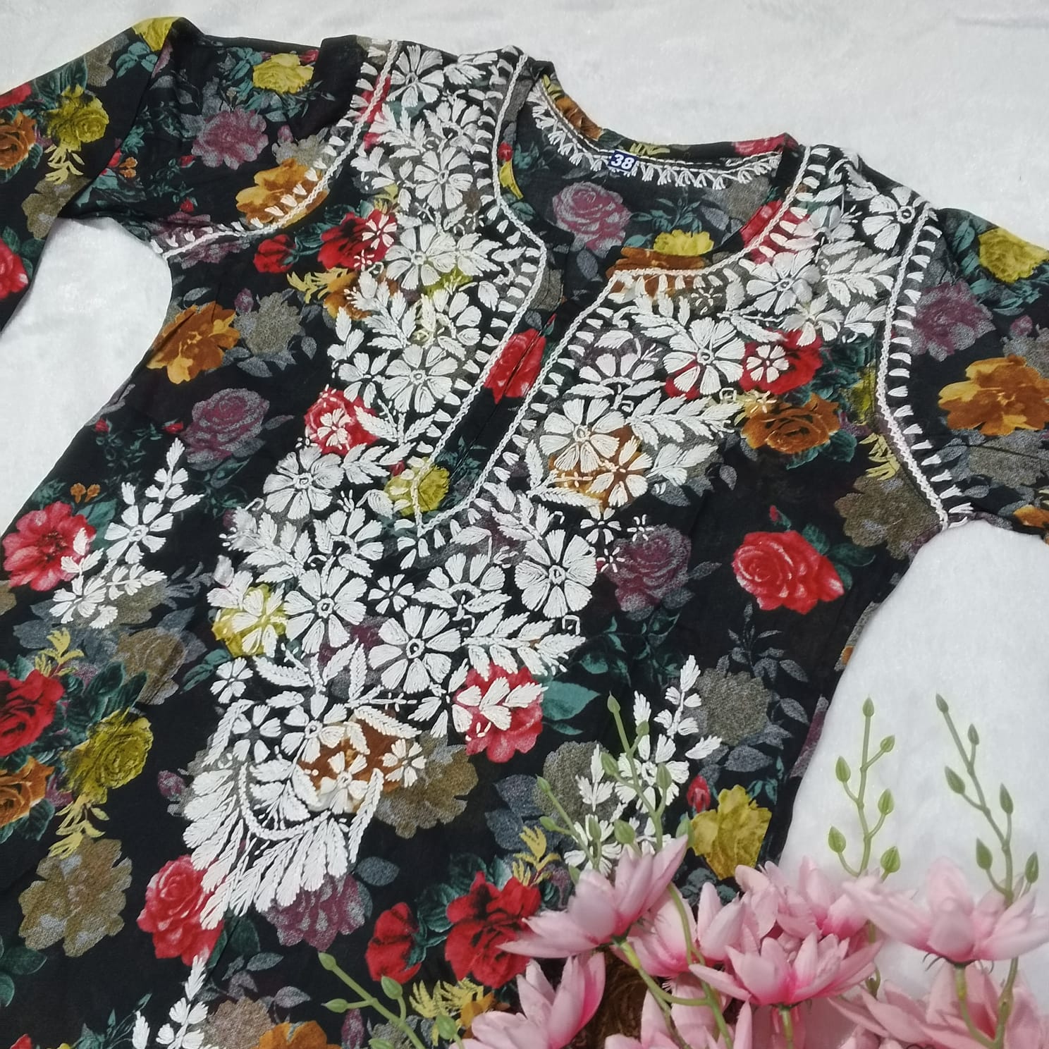 MULMUL FLORAL PRINTED CHIKANKARI KURTI - BLACK COLOUR - chikankaar