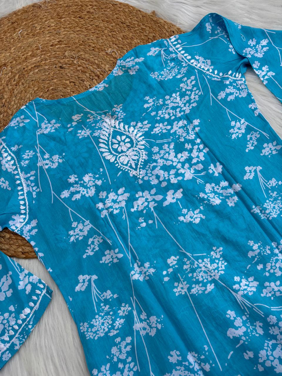 Jiya Mulmul Cotton Handwork Chikankari Kurti Set - Blue Colour