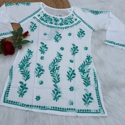 Alia Soft Rayon Chikankari Short Kurti - White Sea Green Color - Chikankaar