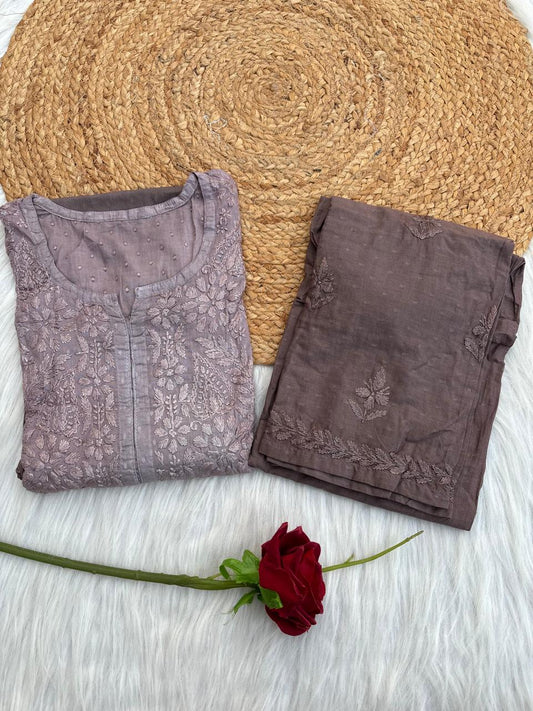 Nuha Dobby cotton Ombre shaded Lucknowi Chikankari Kurti Plazo Set - Light Brown Colour