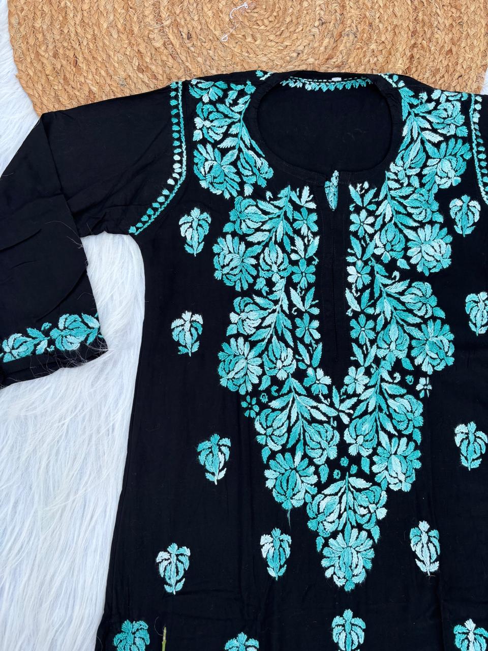Rida Rayon Handwork Chikankari Kurti Set- Sea Green Colour