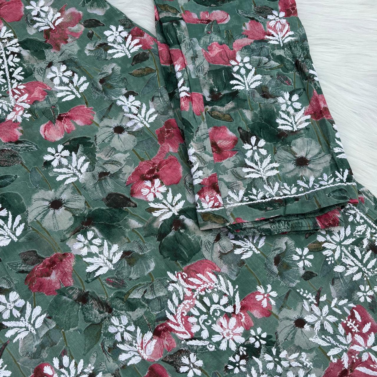 Jameela Mulmul Cotton Chikankari Kurti Set - Dark Green Colour