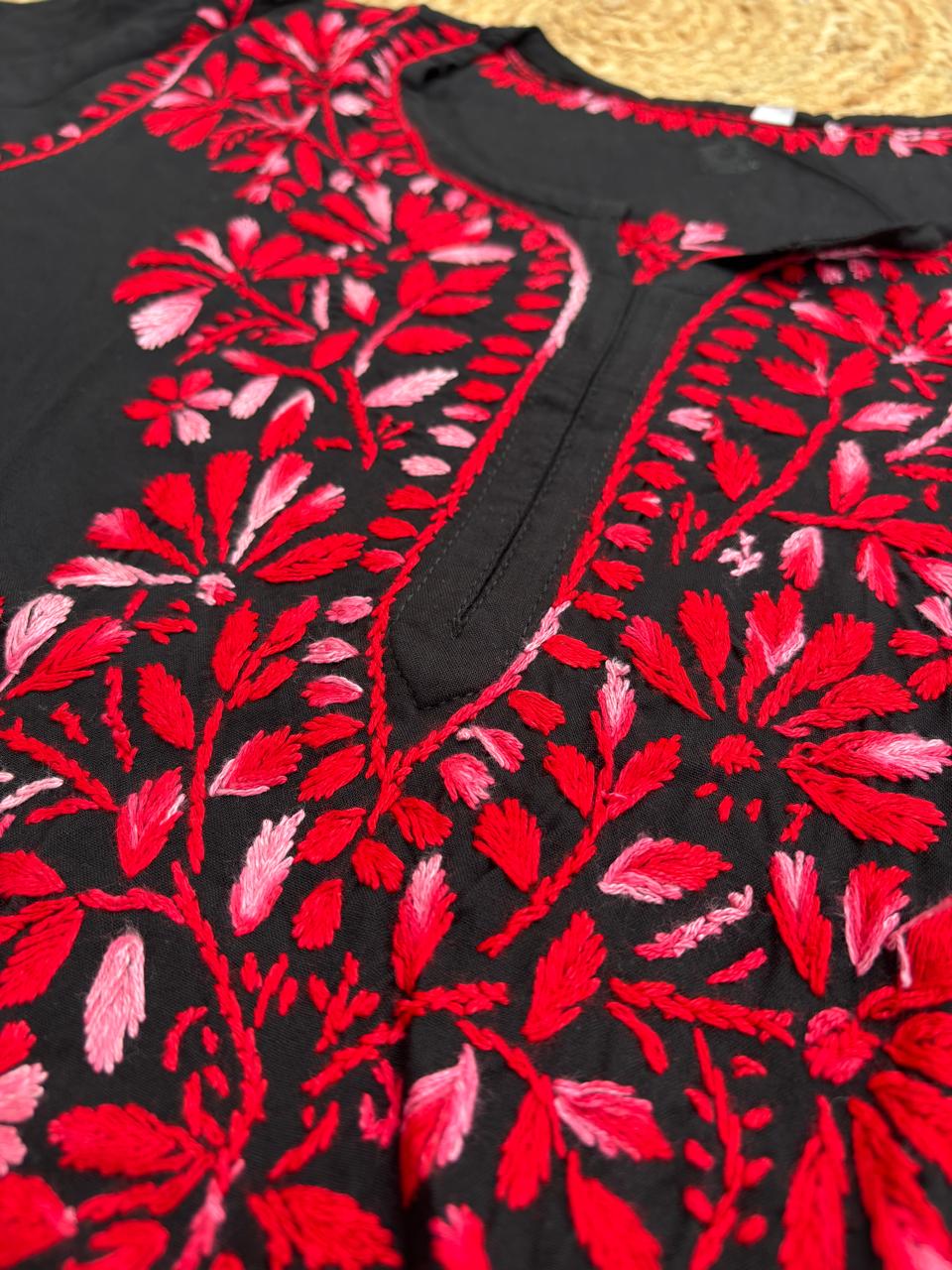 Mahek Soft Rayon Handwork Chikankari Short Kurti- Red Colour