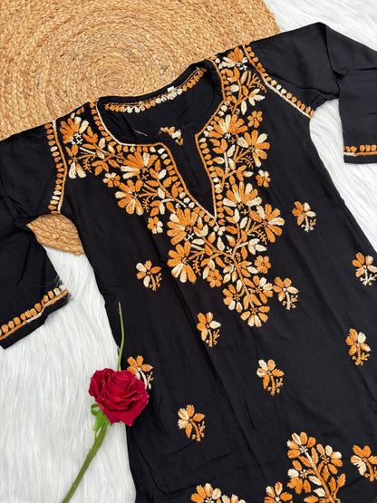 Mahek Soft Rayon Handwork Chikankari Short Kurti- Mustard Colour