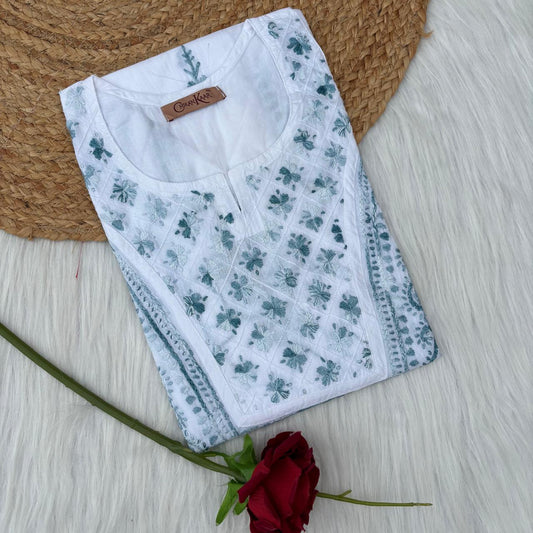 Zoya Cotton Lucknowi Chikankari Kurti - White Grey Color
