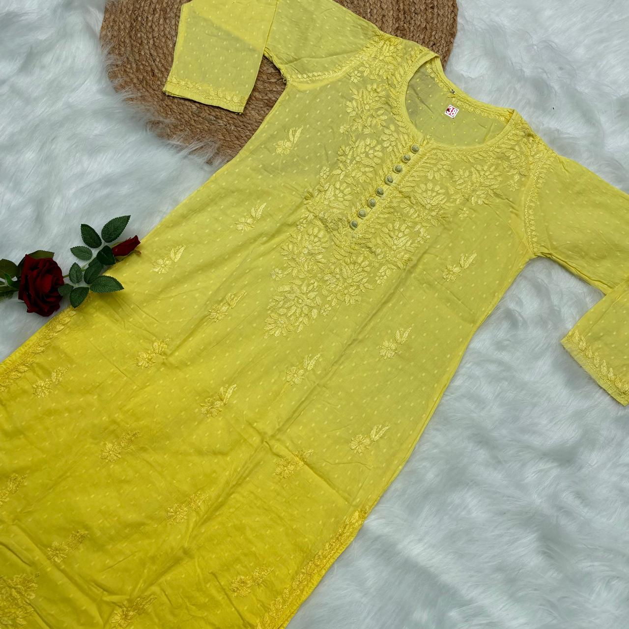 Adaah Ombre Shaded Dobby Cotton Chikankari Kurti -Yellow