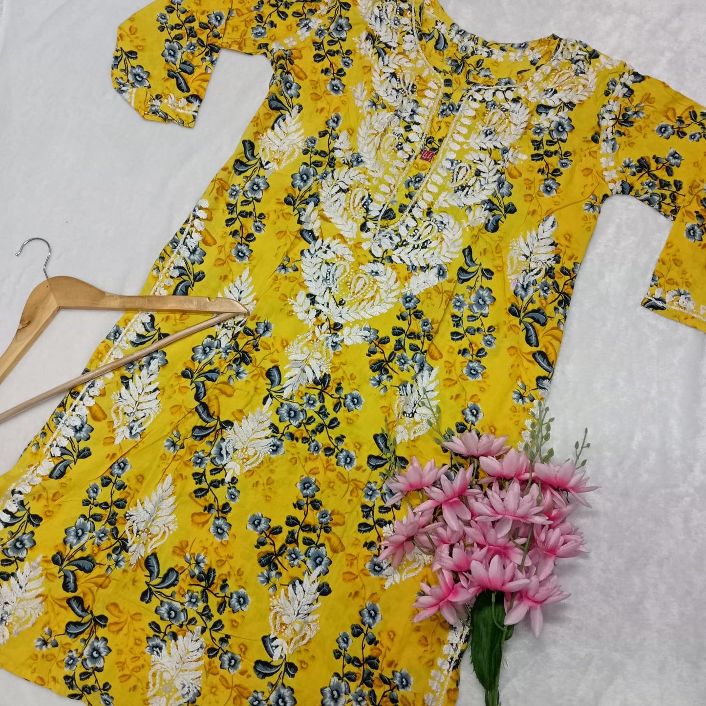 SOFT MODAL FLORAL PRINTED CHIKANKARI HANDWORK KURTI - YELLOW COLOUR